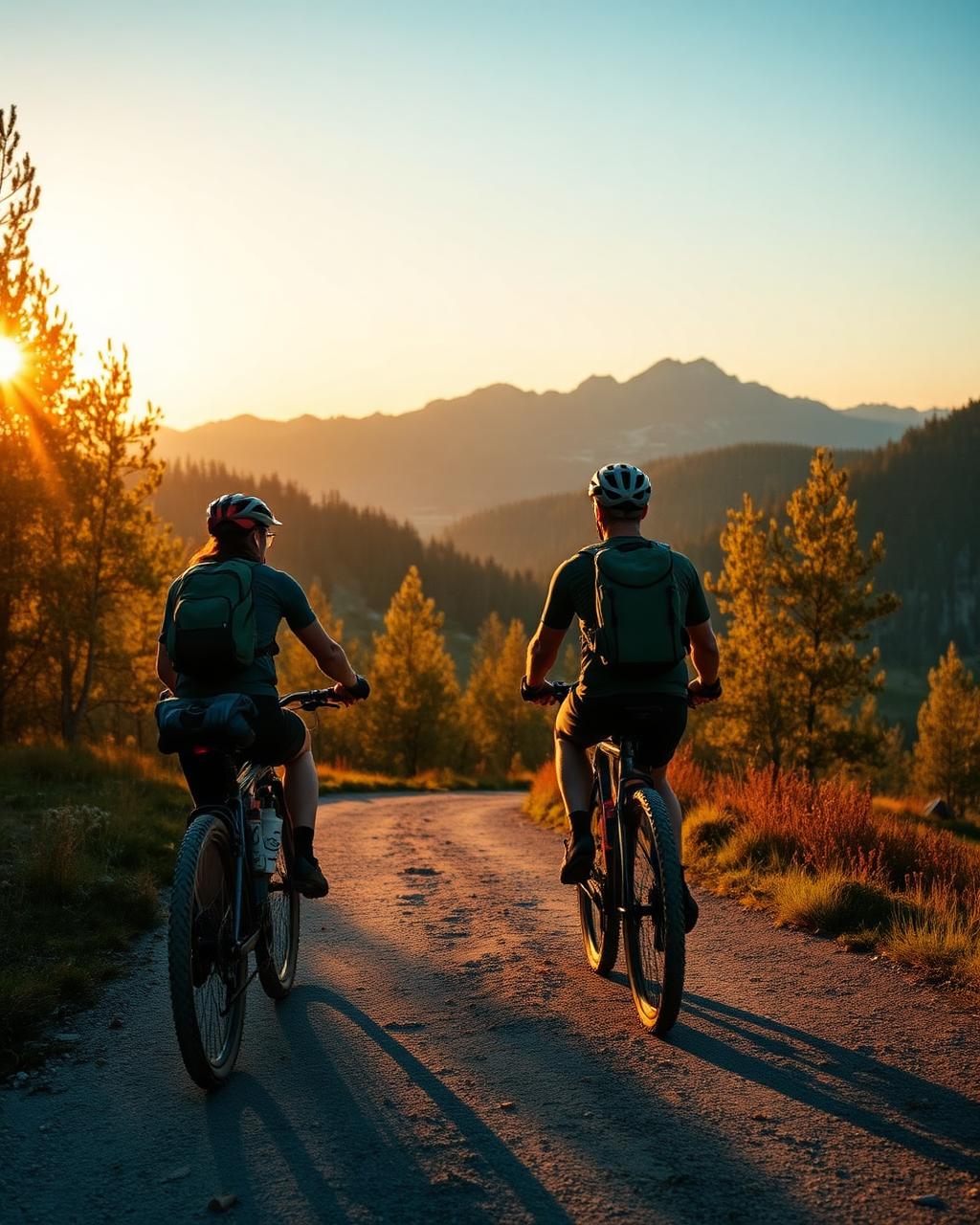 Two riders on a bikepacking dirt road at golden hour